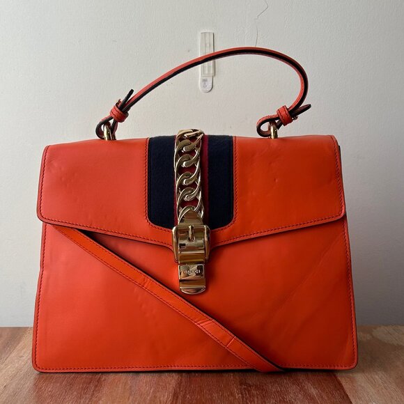 Gucci Leather Sylvie Web Orange Medium - Picture 1 of 16